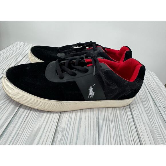 Polo Ralph Lauren Men's Vaughn Hanford Black Red Suede‎ Lace-Up Sneakers Size 7 - Picture 1 of 8